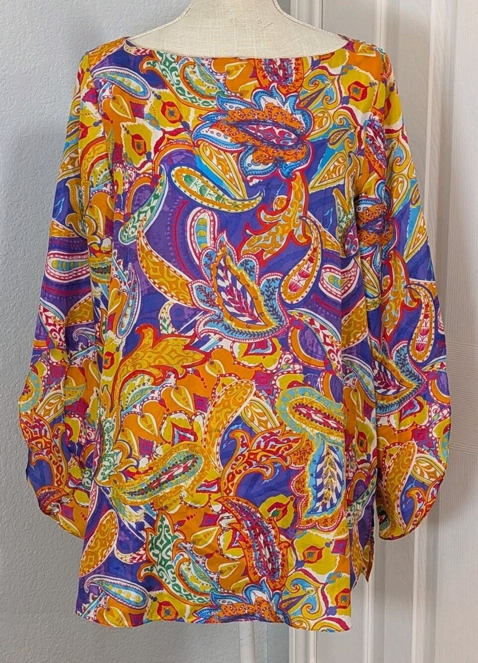 Vtg Lauren Ralph Lauren Silk Paisley Flutter Sleeve Blouse Tunic Sz L *No Tie